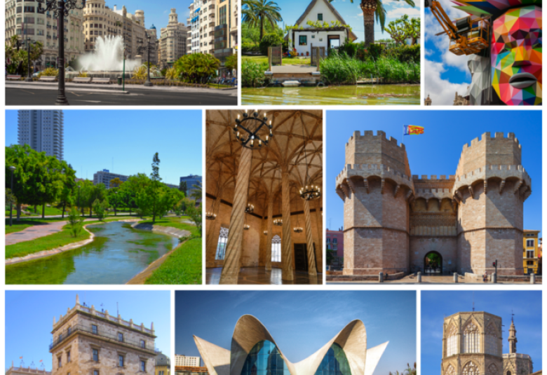 From left to right and from top to bottom: the tower of the church of Santa Catalina, the City of Arts and Sciences, the Town Hall square, a barrack in La Albufera, a falla in the Town Hall square, the Turia garden, La Seda, the Serranos towers, the Palace of the Generalidad Valenciana, the Oceanográfico, the cathedral, the port, Malvarrosa beach and the Colón market.