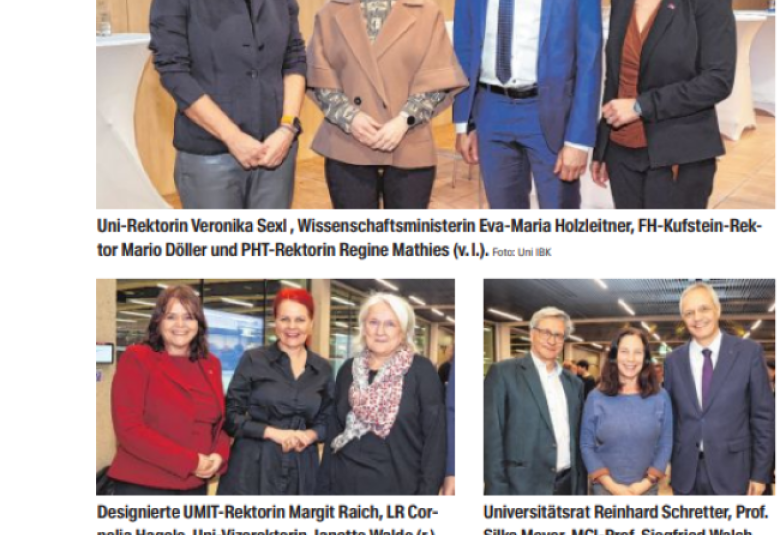 Die Wissenschaftsministerin Eva-Maria Holzleitner diskutierte mit der Vorsitzenden der THK Rektorin Regine Mathies und anderen hochrangingen Vertreter:innen der Tiroler Hochschulen.