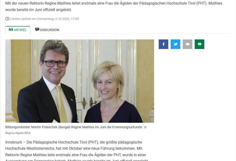 Die TT berichtet über den Amtsantritt von Rektorin Regine Mathies