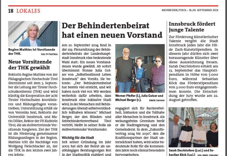 Die Bezirksblätter Tirol berichten über die Wahl von Rektorin Regine Mathies zum Vorstand der THK.
