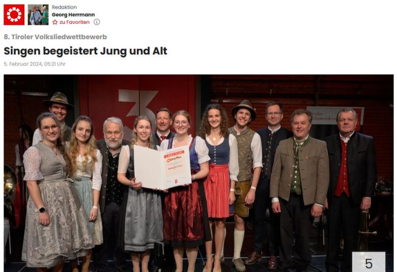 TT, Bezirksblätter sowie ORF Radio Tirol berichten über den Volksliedwettbewerb.