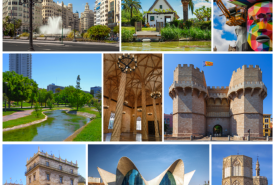 From left to right and from top to bottom: the tower of the church of Santa Catalina, the City of Arts and Sciences, the Town Hall square, a barrack in La Albufera, a falla in the Town Hall square, the Turia garden, La Seda, the Serranos towers, the Palace of the Generalidad Valenciana, the Oceanográfico, the cathedral, the port, Malvarrosa beach and the Colón market.